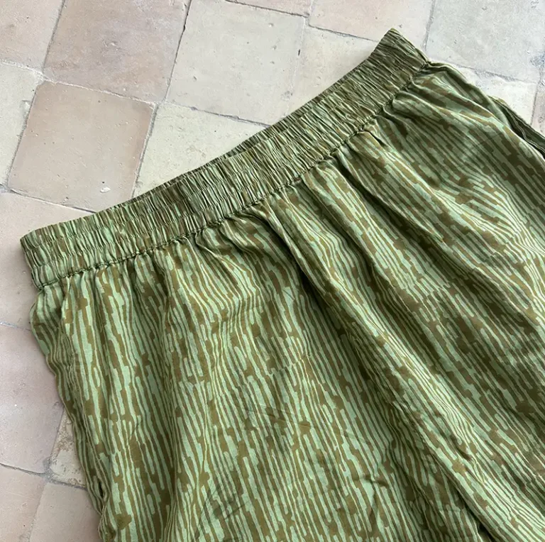 Detail of hand-carved block print on sustainable organic cotton fabric.