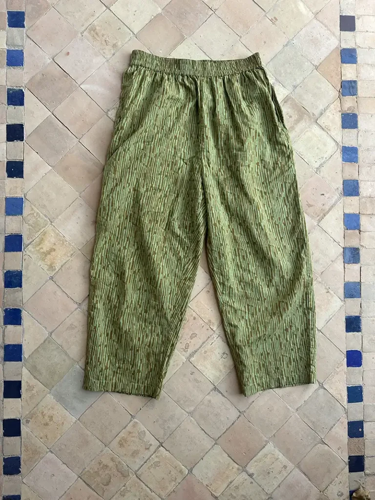 Artisan block print barrel leg pants in summer-weight organic cotton camo.