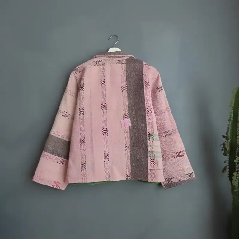 back view of vintage kantha fabric chore jacket