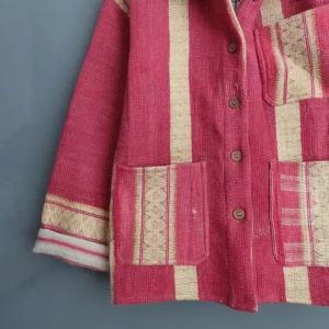 flat lay of pink patchwork kantha jacket