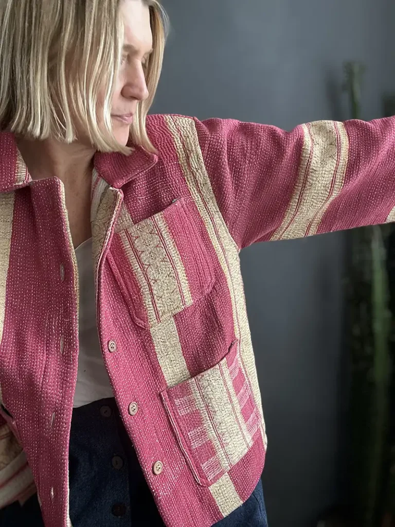 pink kantha jacket with stripes