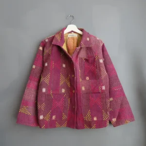 front view of kantha jacket hanging up