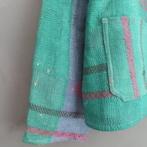 zoom in of kantha jacket sleeve stitching