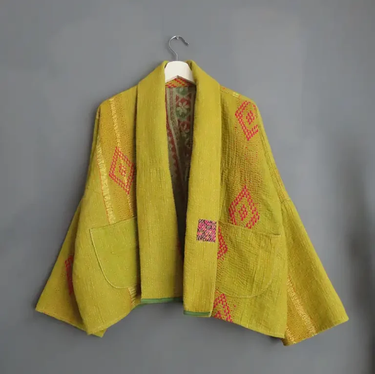 front view of yello kantha fabric jacket