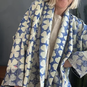 BLUE AND WHITE LONG KANTHA JACKET