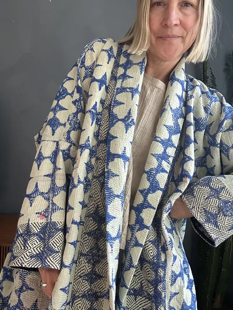 BLUE AND WHITE LONG KANTHA JACKET