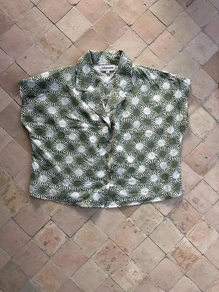 Close-up of hand-stamped Sunray block print detail using eco-friendly khaki mineral ink.