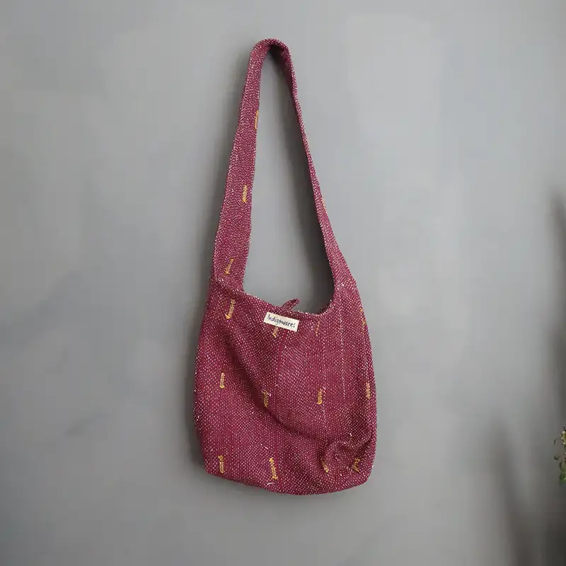burgundy kantha fabric sling bag