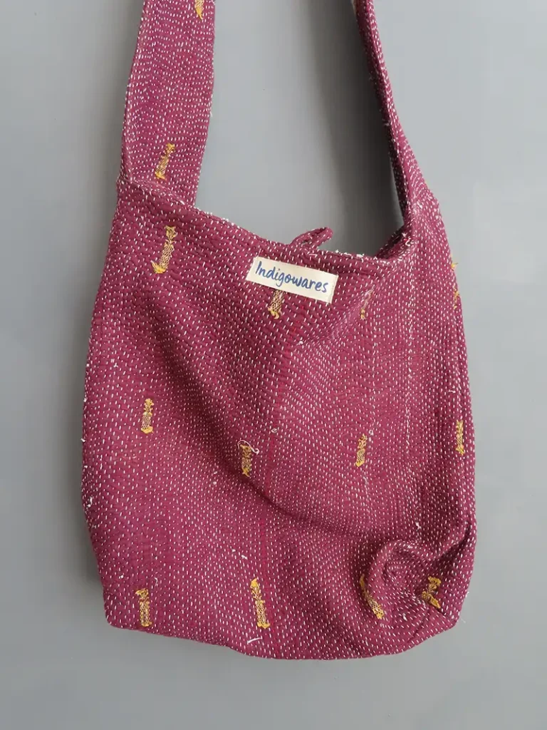 zoom in burgundy kantha fabric sling bag