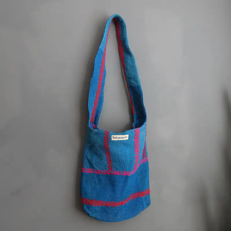 bright blue kantha embroidery bag