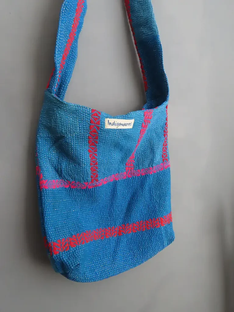 zoom in of kantha stitches on boho bag