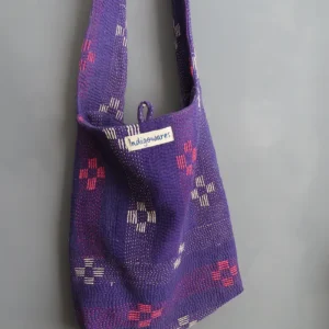 zoom in of kantha stitches on boho sling bag