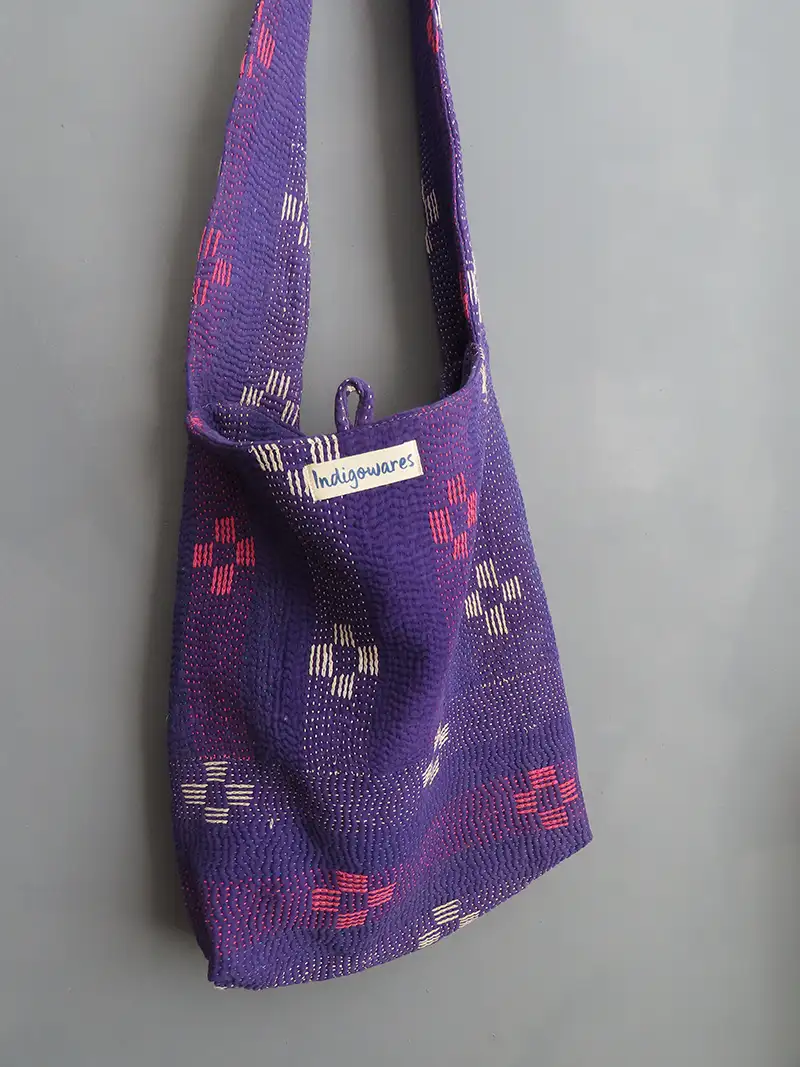 zoom in of kantha stitches on boho sling bag