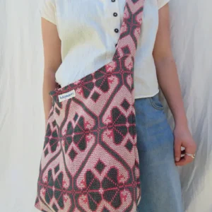 zoom in details of fabric sling bag