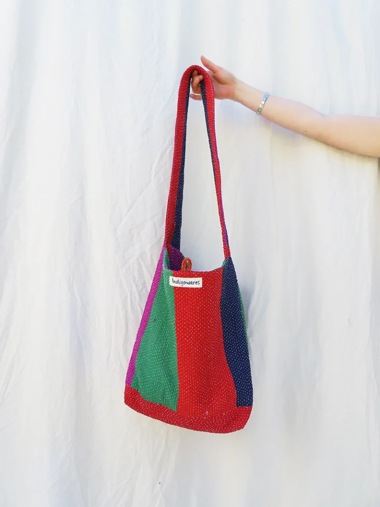 red, green,pink patchwork kantha fabric bag