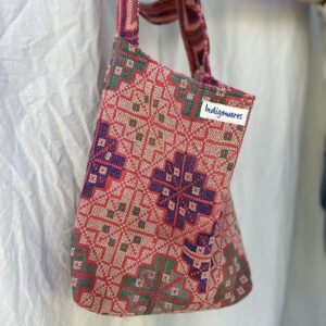 zoom in of kantha embroidery fabric sling bag