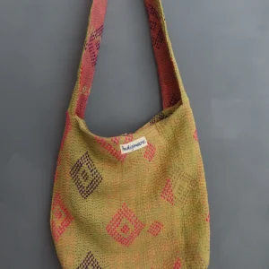 zoom in of yellow kantha embrodery fabric bag