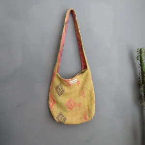 yellow kantha embrodery fabric bag