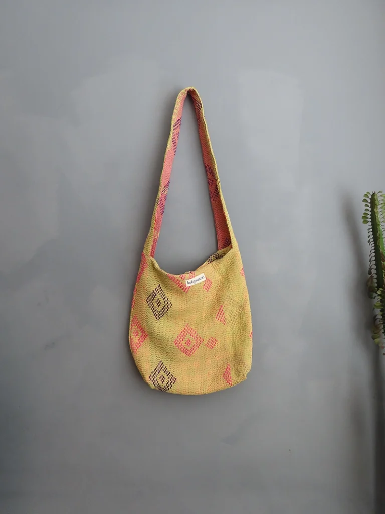 yellow kantha embrodery fabric bag