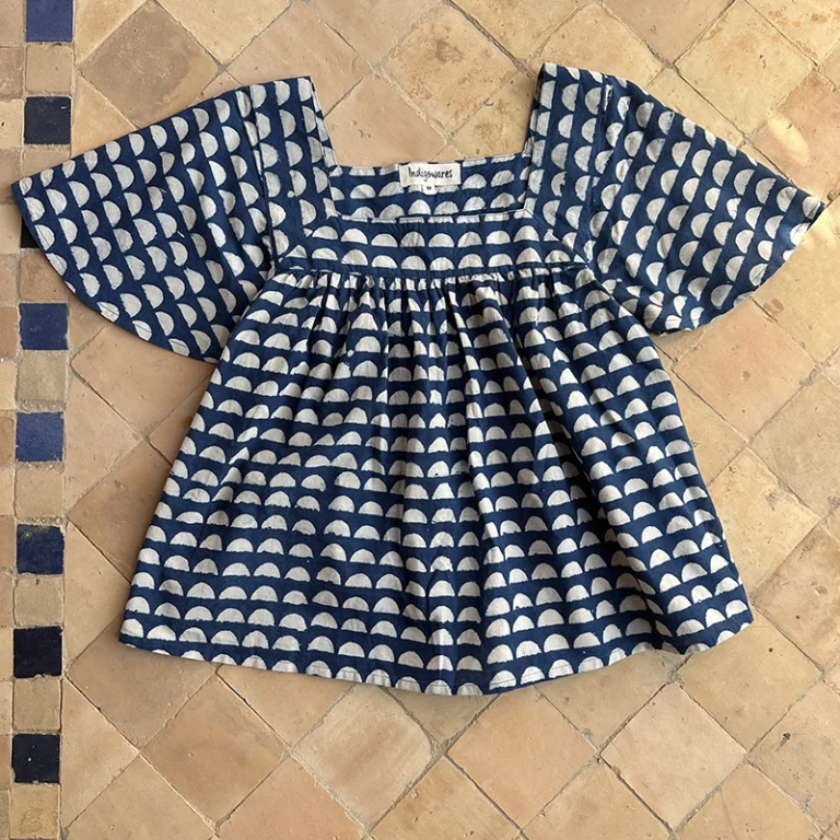 Close up detail of the geometric indigo pattern on the Organic Cotton Block Print Top.