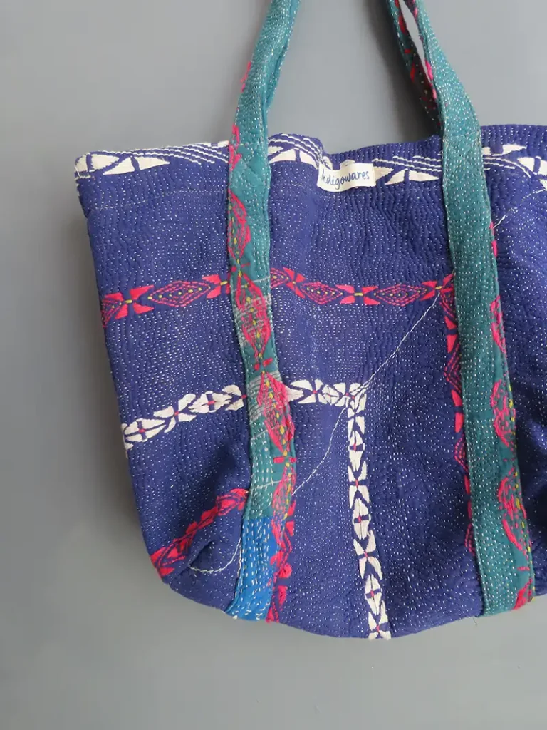 zoom in of kantha embroidery on large tote bag