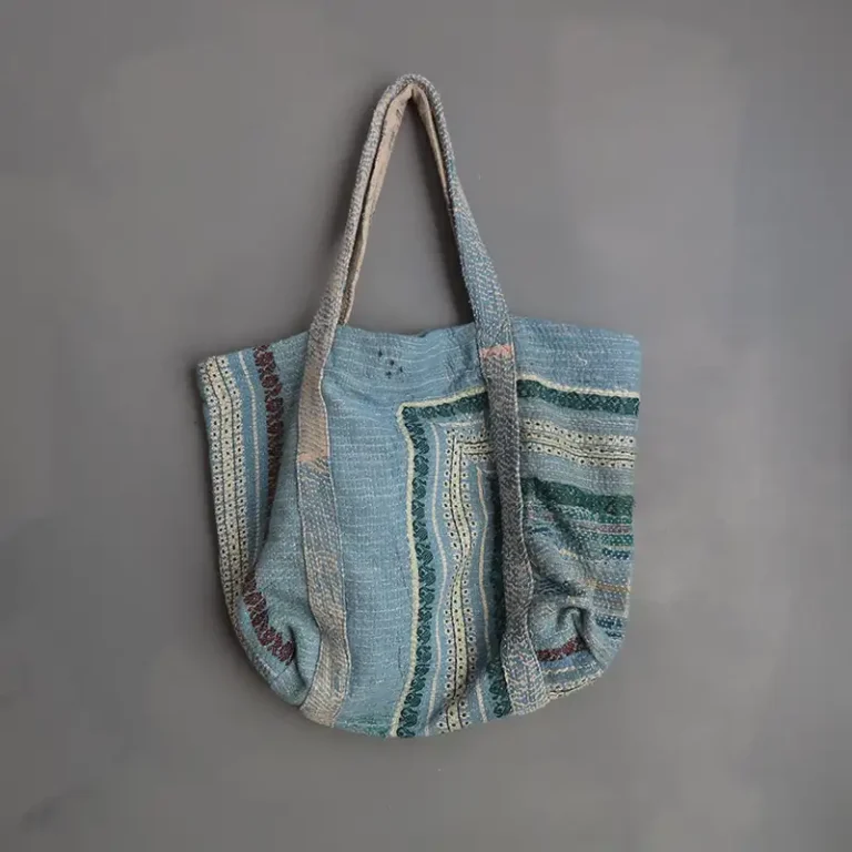 reverse side of blue kantha tote bag