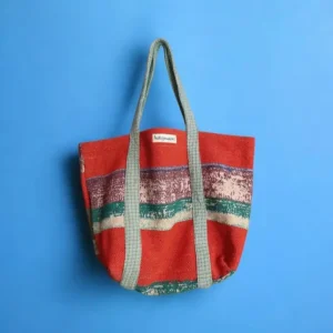 red stripe kantha fabric tote bag