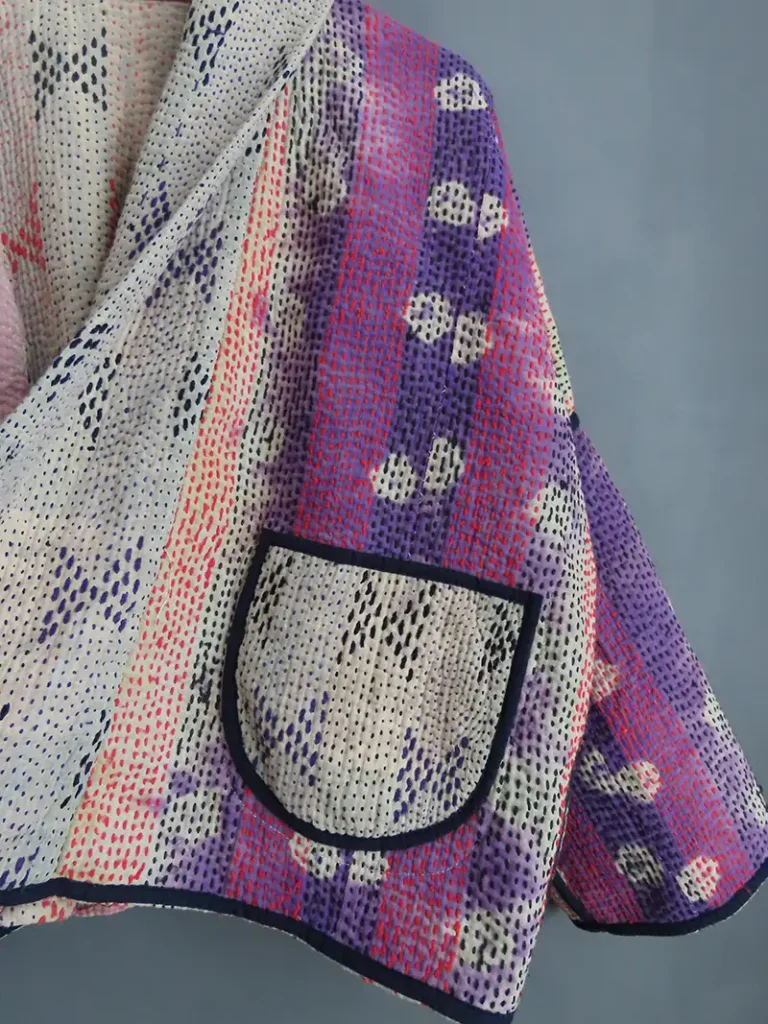 reversible kantha fabric jacket details