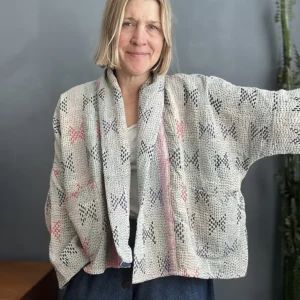 kantha fabric jacket on woman