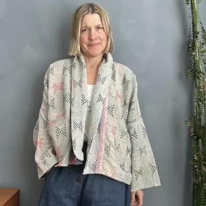 short kantha fabric jacket on woman