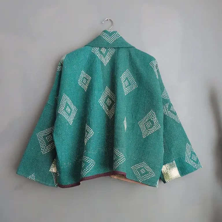 back of green kantha stitched jacket