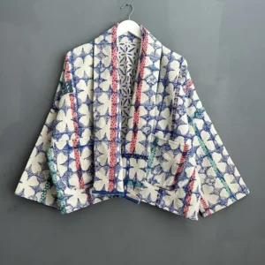 short blue and white kantha jacket