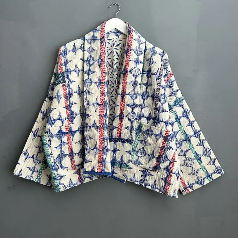short blue and white kantha jacket