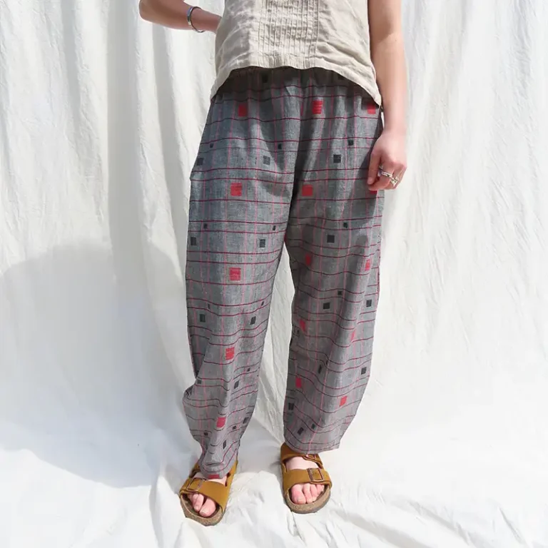 woman wearing handloom jamdani pattern trousers