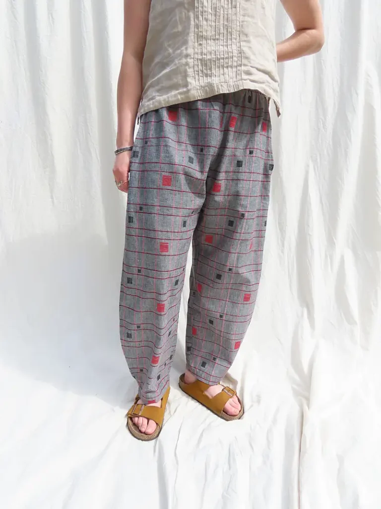 woman wearing handloom jamdani pattern trousers