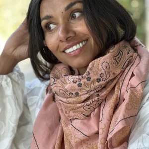 woman wearing a pink cotton bandana scarf