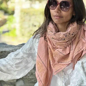woman wearing a pink cotton bandana scarf