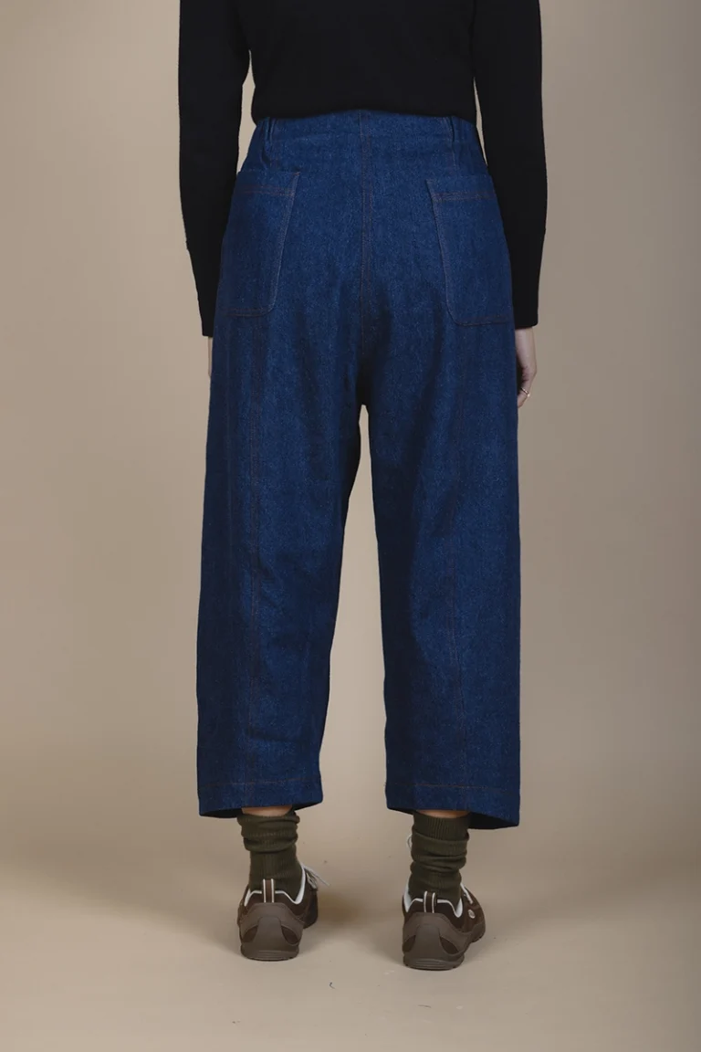 bottom view of side view of woman wearing hemp cotton denim jeans