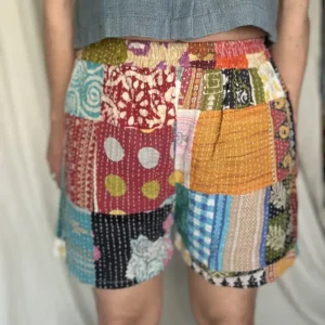 woman wearing patchwork boho festival shorts