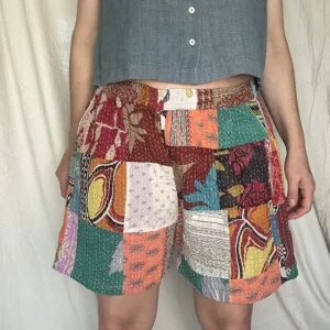 woman wearing patchwork quilted shorts