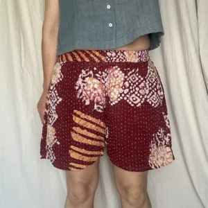 woman wearing batik boho festival shorts