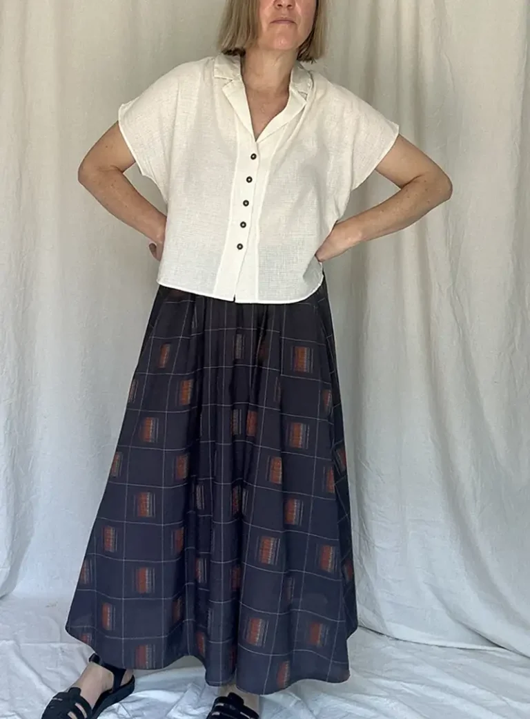 woman wearing a slow fashion skirt.