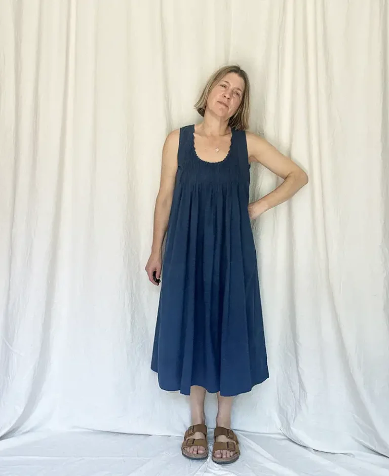 woman wearing Indigo Pintuck Dress