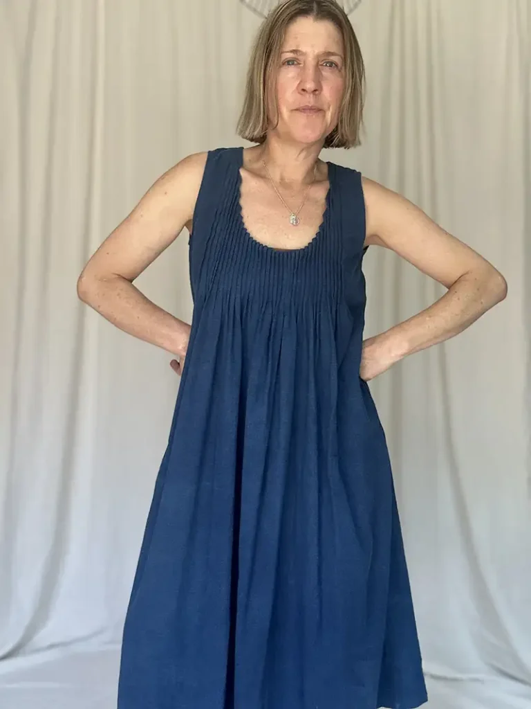 woman wearing Indigo Pintuck Dress