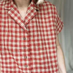 zoom in of woven check on woman wearing Handloom Kala cotton shirt