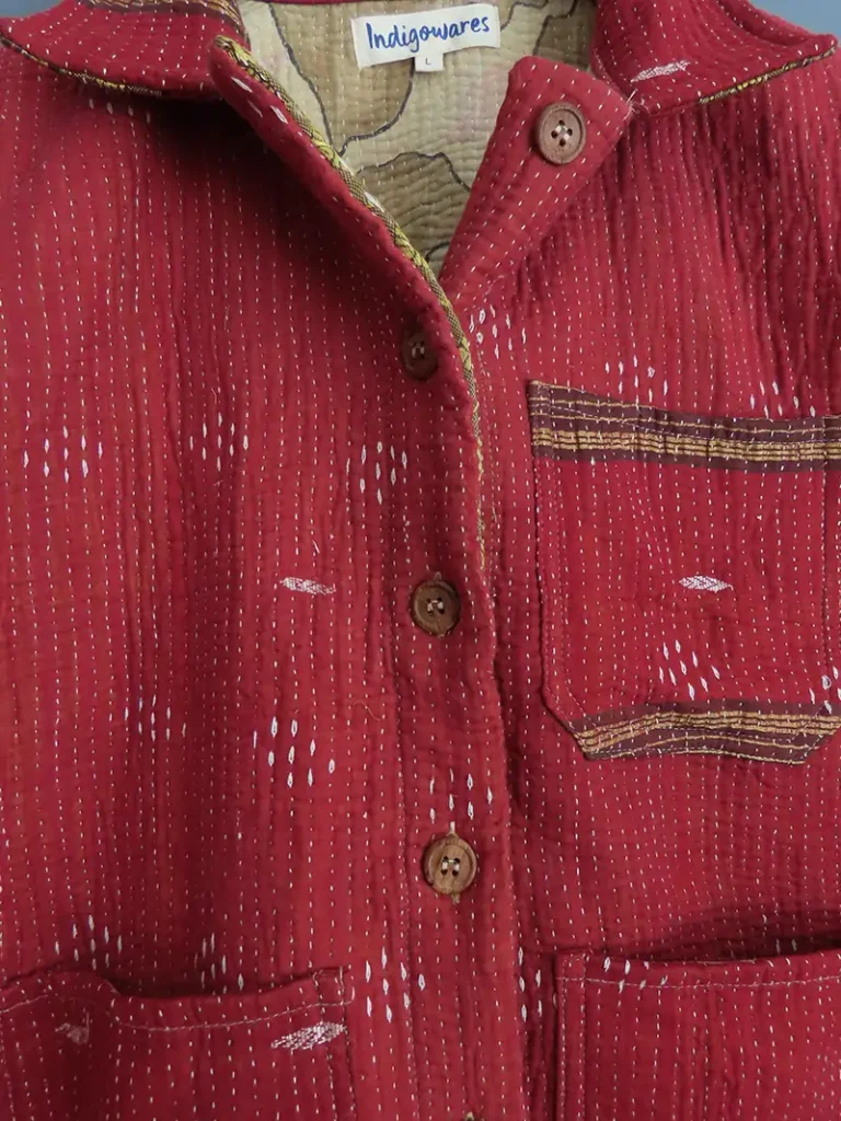 zoom in on deep red kantha chore jackets