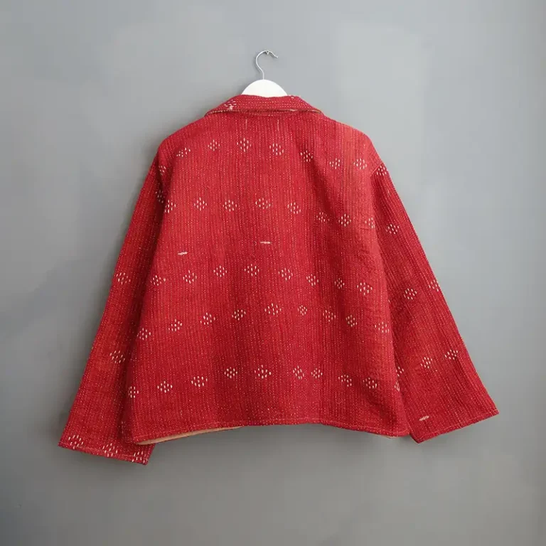 back view o0f deep red kantha chore jacket