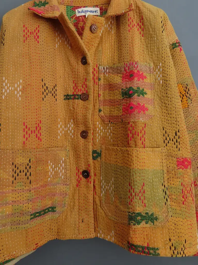 yellow kantha stitching on jacket
