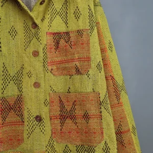 zoom in detail of acid yellow kantha chore jacket