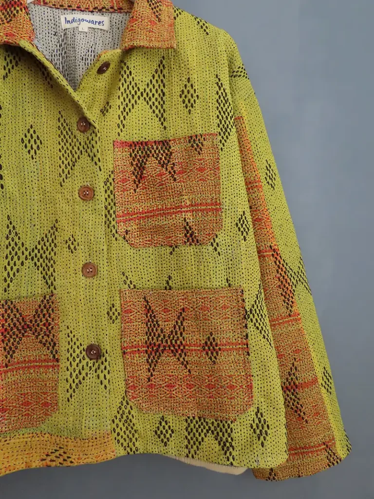 zoom in detail of acid yellow kantha chore jacket